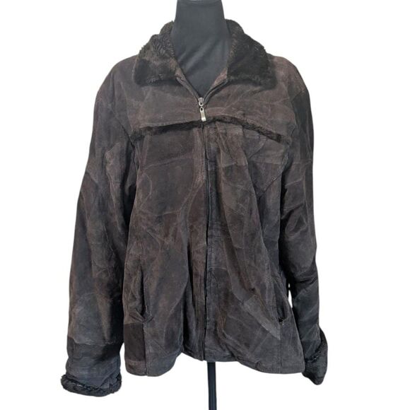 VINTAGE Y2K Patchwork Suede Jacket XXL Penny Lane Faux Fur Trim Leather Works - Picture 1 of 8